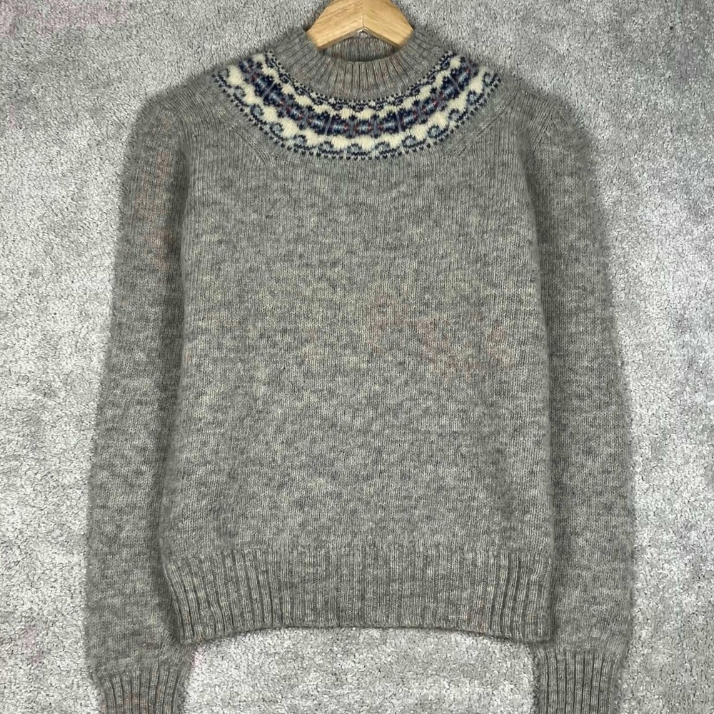 Vintage Christopher Rand Sweater Womens M Grey Wool Fair Isle Knit Shrunken